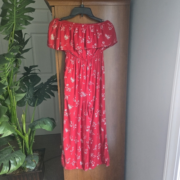 Hollister Strapless Long Pants Romper With Pockets Red With White Floral Small - Picture 1 of 4